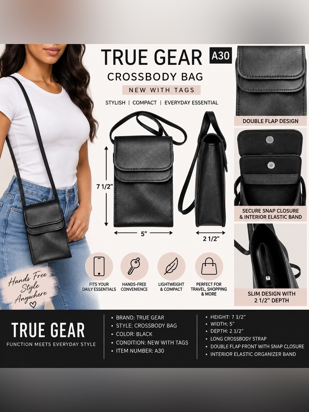 TRUE GEAR CROSSBODY BAG – BLACK (NEW WITH TAGS) A30